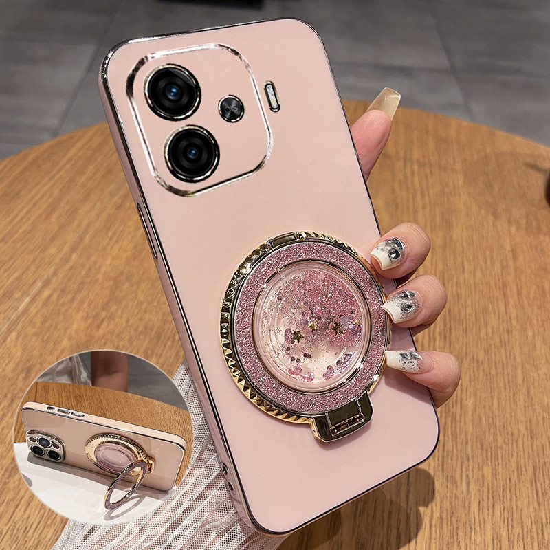 Plating Case for IQOO Z9 Turbo Z9X Glitter Quicksand Ring Holder Cover for  Vivo Iqoo Z9 5G Z8X Z7X Z6 Z5X Z3 X Bracket Plating Silicone Cases