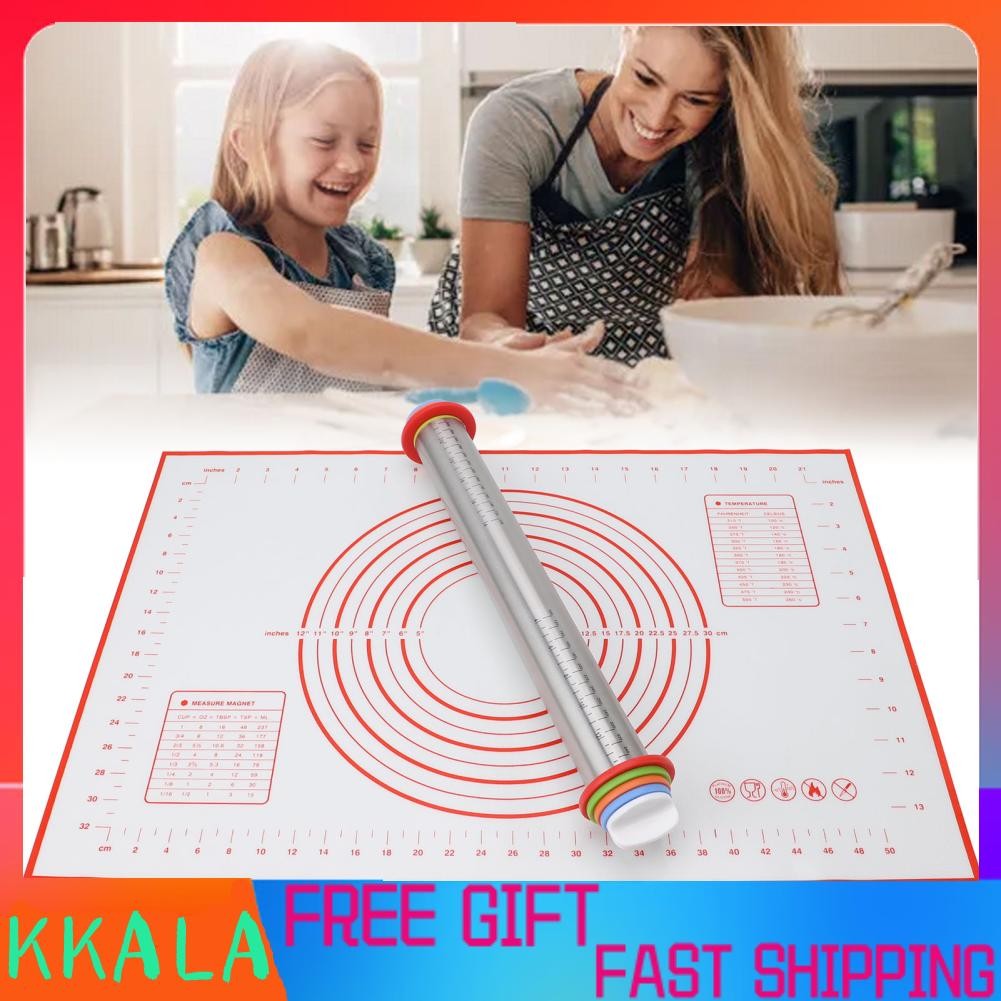Kkala Stainless Steel Rolling Pin Silicone Mat Set Dough Roller Baking ...