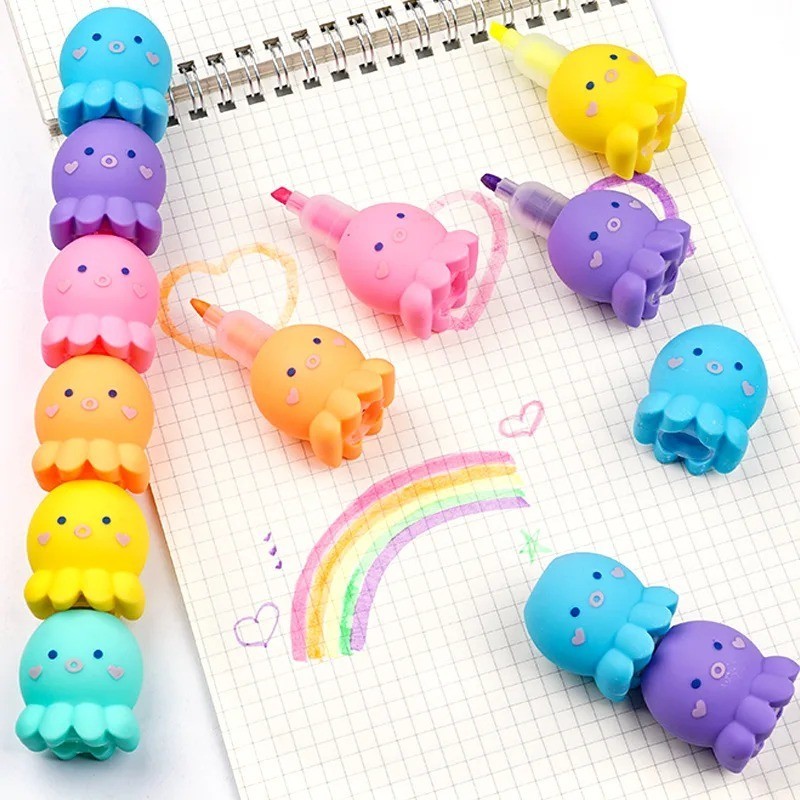 1Set Kawaii Little Octopus Bear Fluorescent Marker Pen Set Highlighter ...