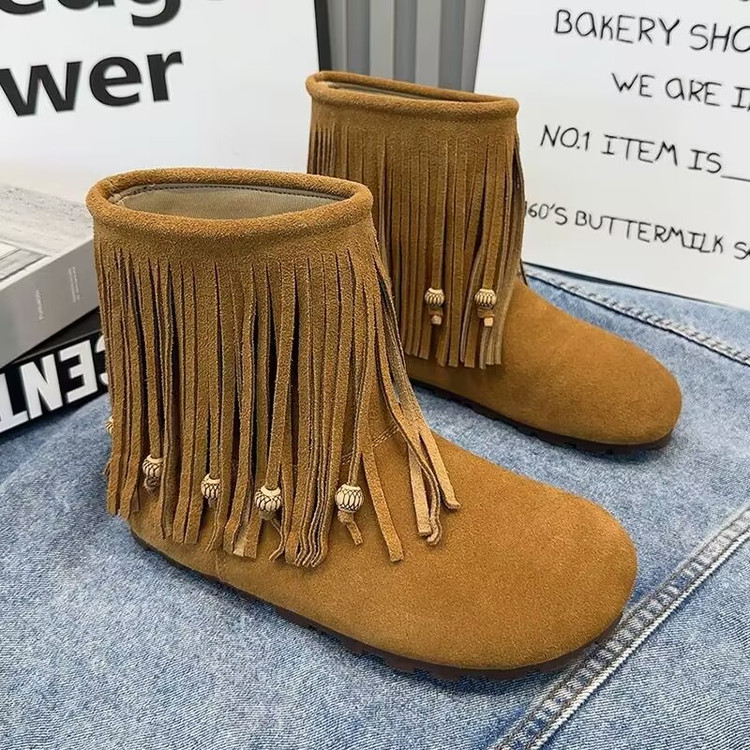 Tassel Boots Round Toe Flat Bottom Booties Rubber Slip-on | Shopee ...