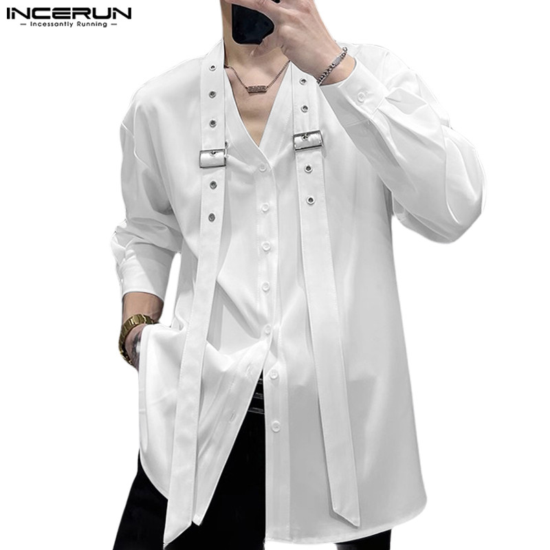 INCERUN Men Korean Casual Ribbon Design Long Sleeve Solid Color Shirts ...