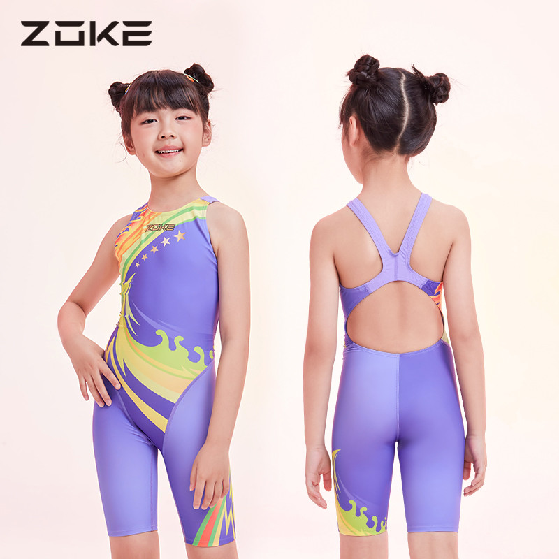 ZOKE Ready stock Professional Swimming Suit Competitive One Piece Swimsuit  for girls Quick-dry Swimwear kids Trunks to knee