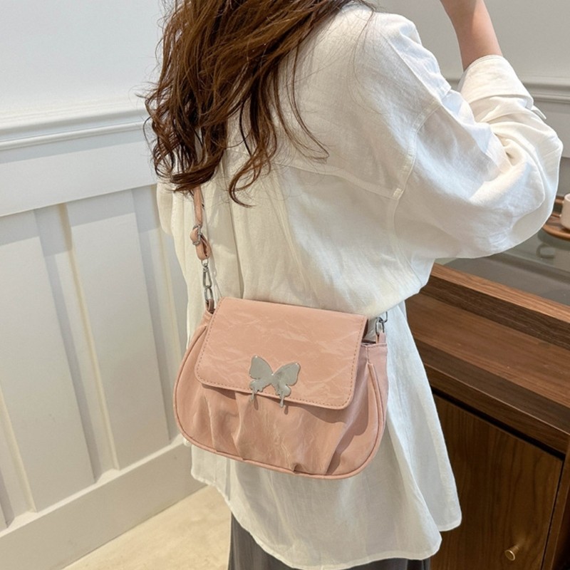 time* Adjustable Strap Flap Crossbody Bag Elegant Butterfly PU Pleated  Shoulder Purse