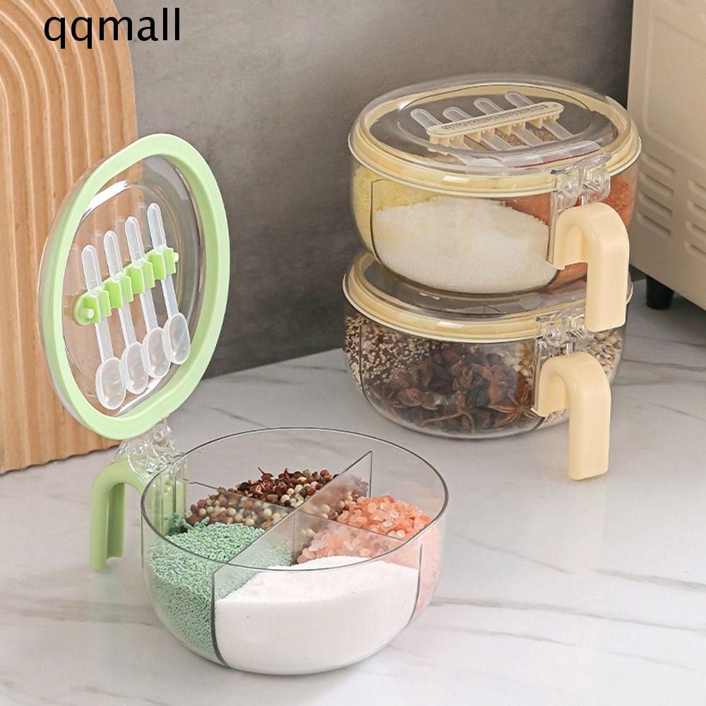 QQMALL 4 Cells Seasoning Container, Plastic Transparent Fourinone