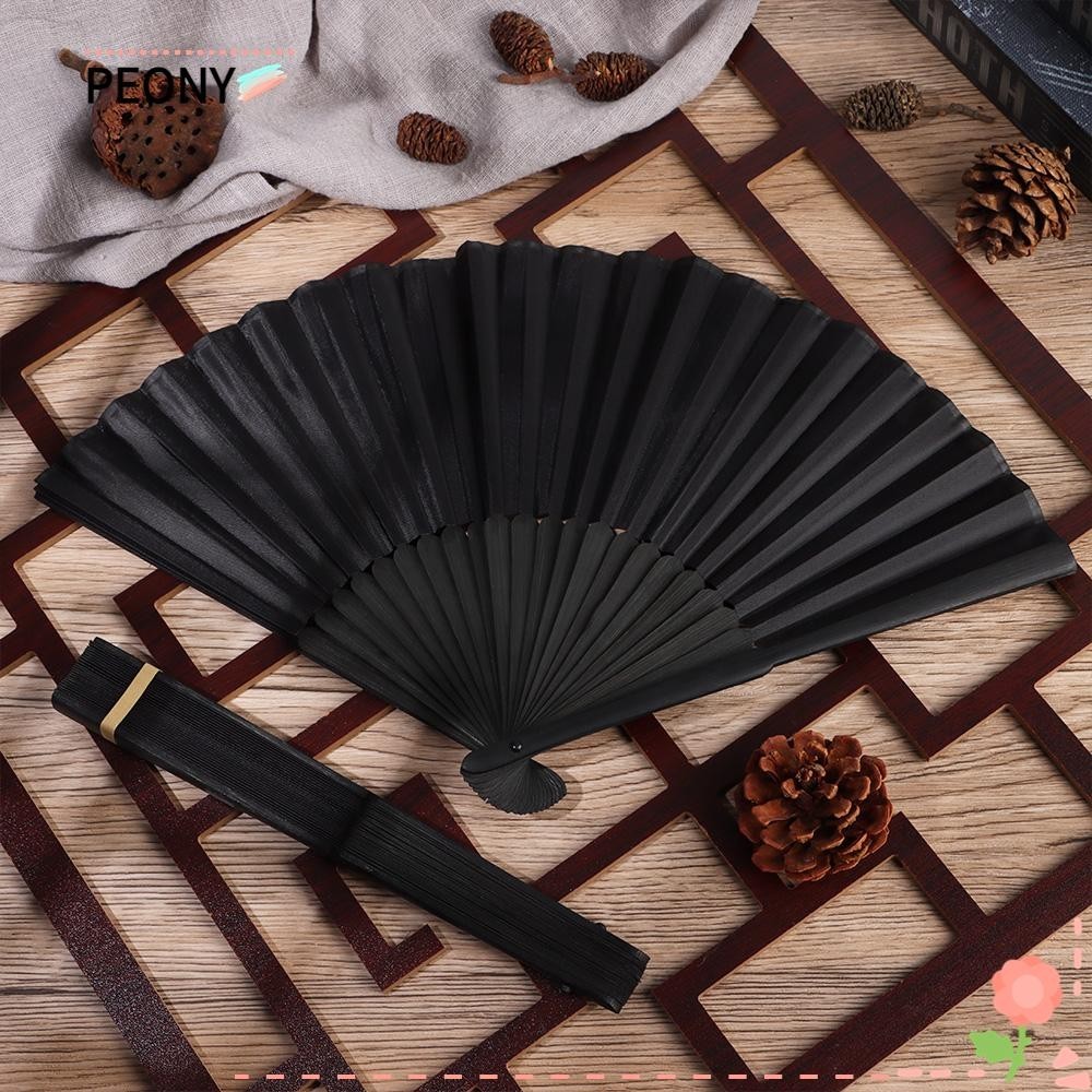 PEONY Black Silk Folding Fan 8.27