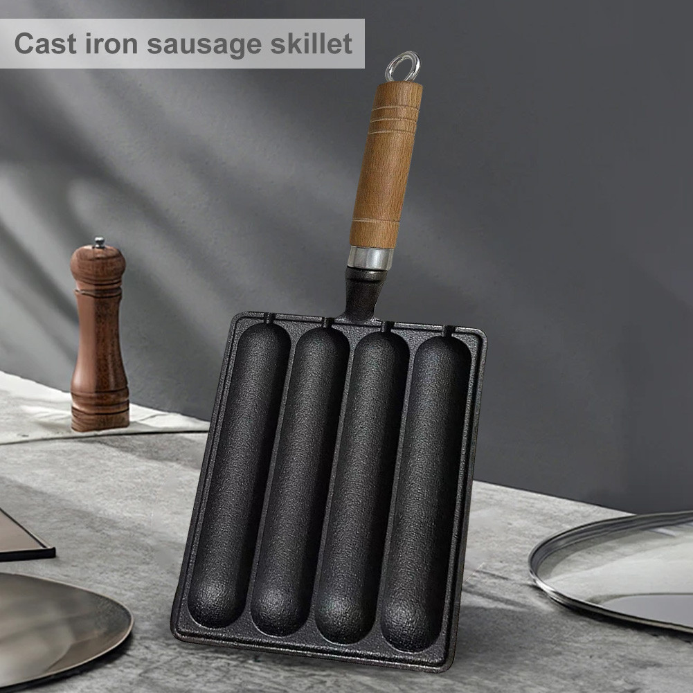 Cast Iron Pot for Grilled Sausage with Wooden Handle Hot Dog Mold Pan