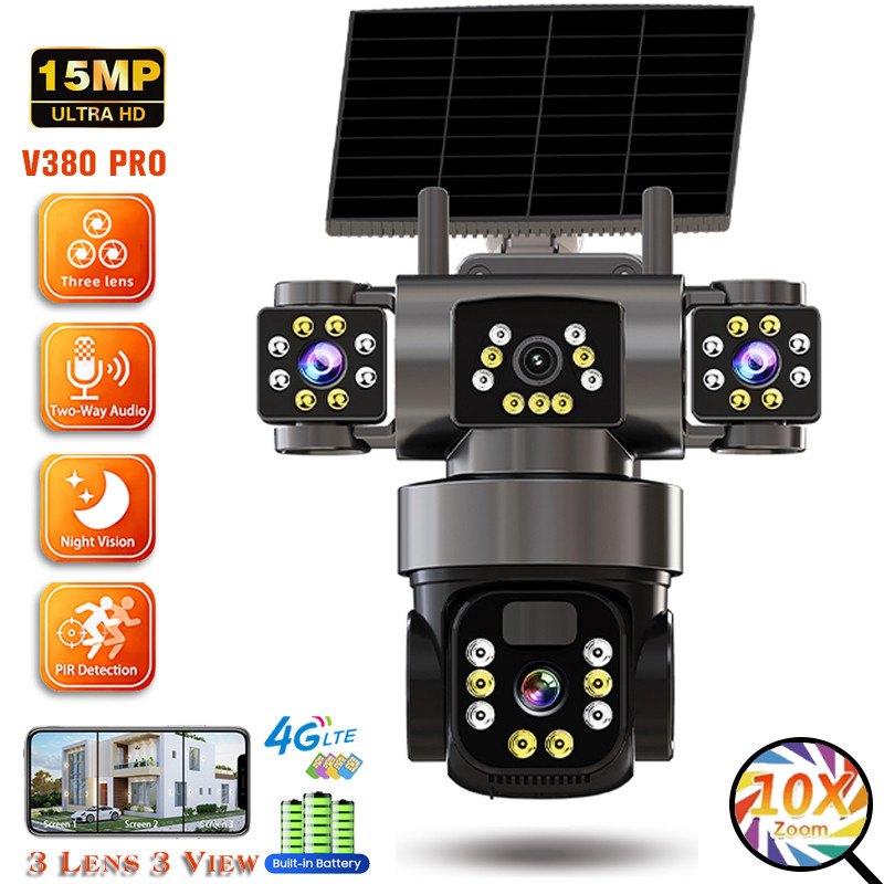 Three-lens 12MP 4G Solar CCTV Camera V380 10X Optical Zoom Wireless ...