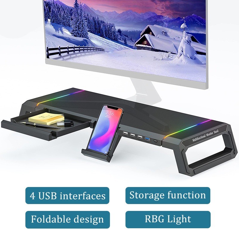 T1 RGB Desktop Monitor Riser Multifunction Foldable USB Computer Screen ...