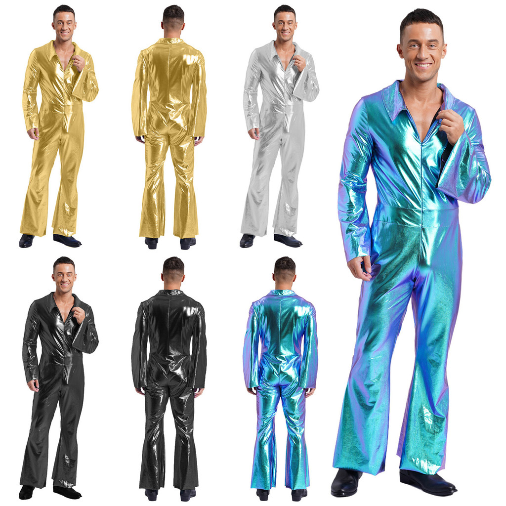 Mens 70s Disco Metallic Shiny Jumpsuit Lapel Flare Sleeve Front Zipper ...