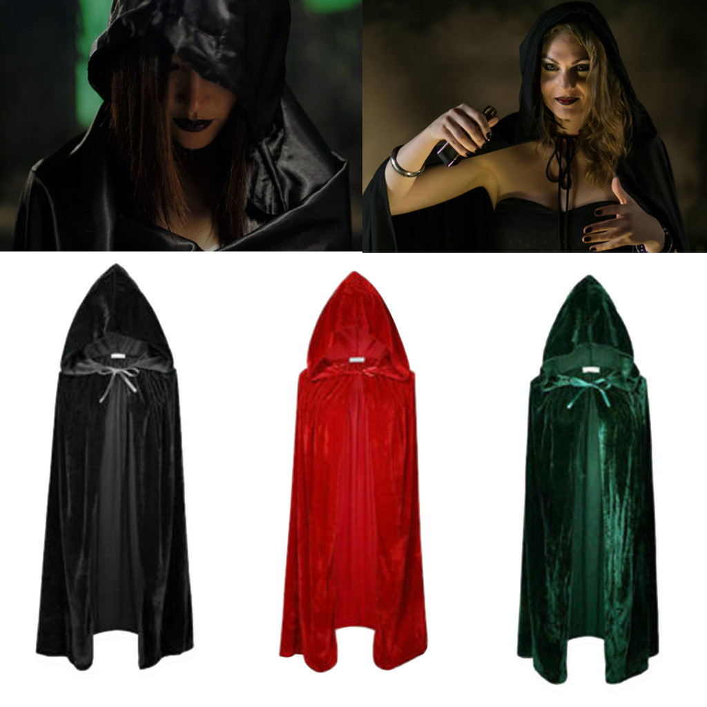 Adult Witch Long Black Cloaks Hood Cape Halloween Costumes For Women Men Vampire Men Gothic Scary