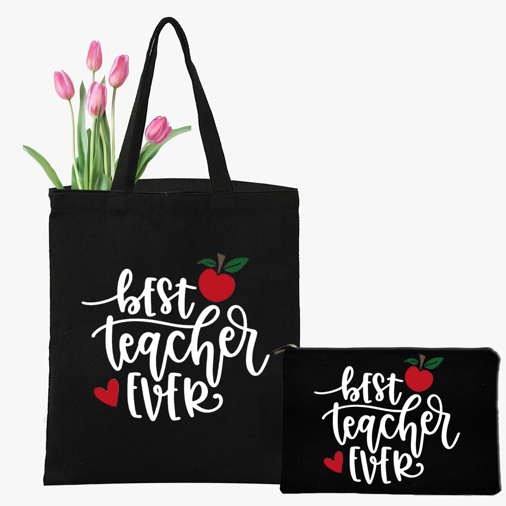 Best Teacher Ever Canvas Tote Bag Makeup Bag for Women Teacher ...