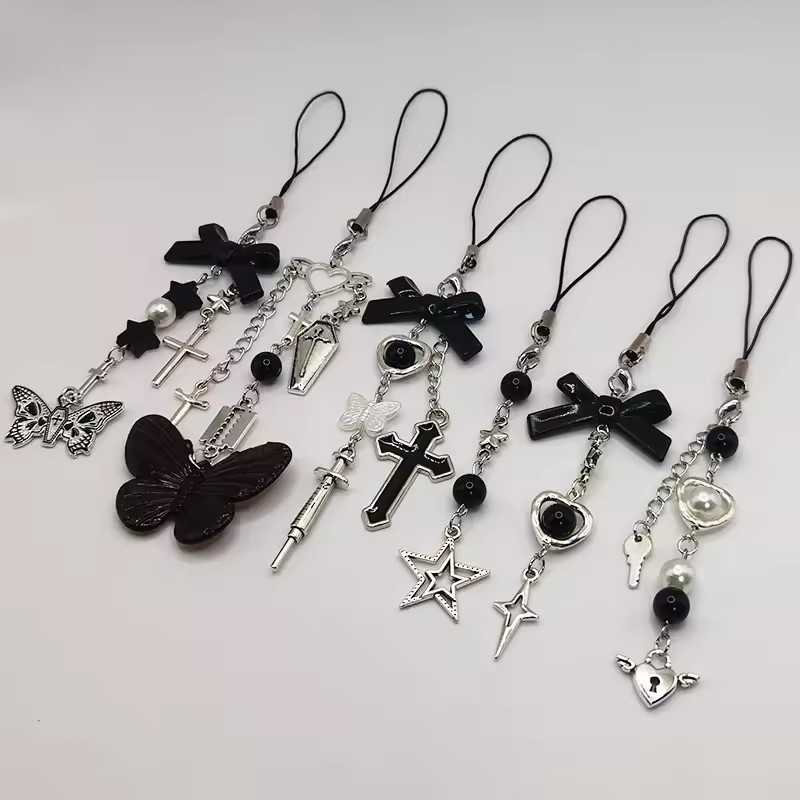 Black Punk Y2K Phone Pendant Chain Cool Girl Sweet Pink Beaded Charm ...