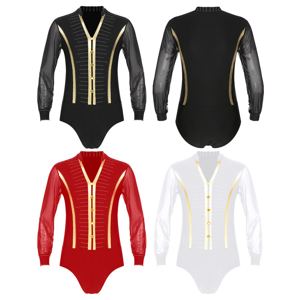 Mesh Top Leotard Men's Rhinestone Dance Bodysuit - Long