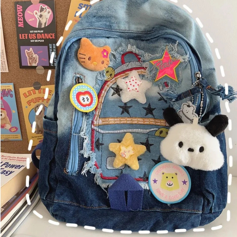 Vintage Hello Kitty Womens Backpack Denim Patchwork Cute Y2k Fashion  University Backpack Harajuku Cartoon Female New Bag | Shopee Philippines