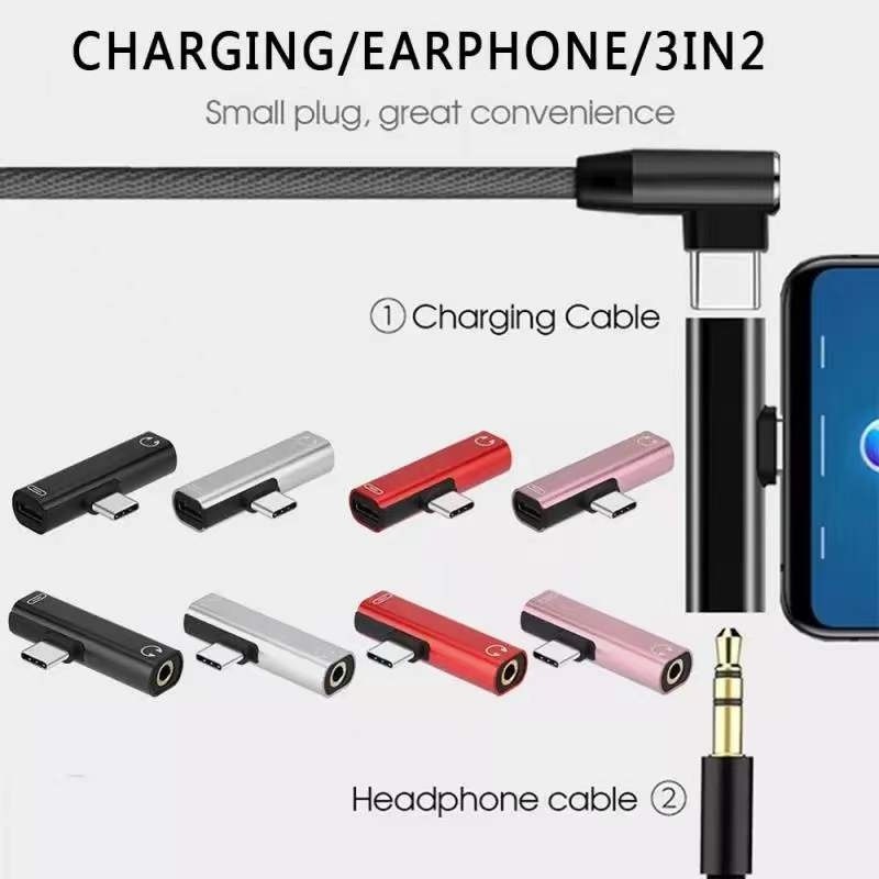 T-shaped 2 In 1 Type C To 3.5mm Audio Jack + Type C Charging Jack 