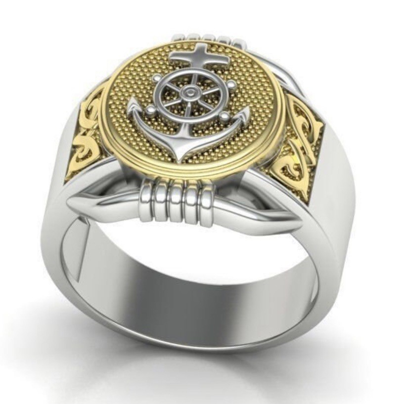 New Men's Ring Fashion Two tone Creative Ship Anchor Style Men's Ring ...