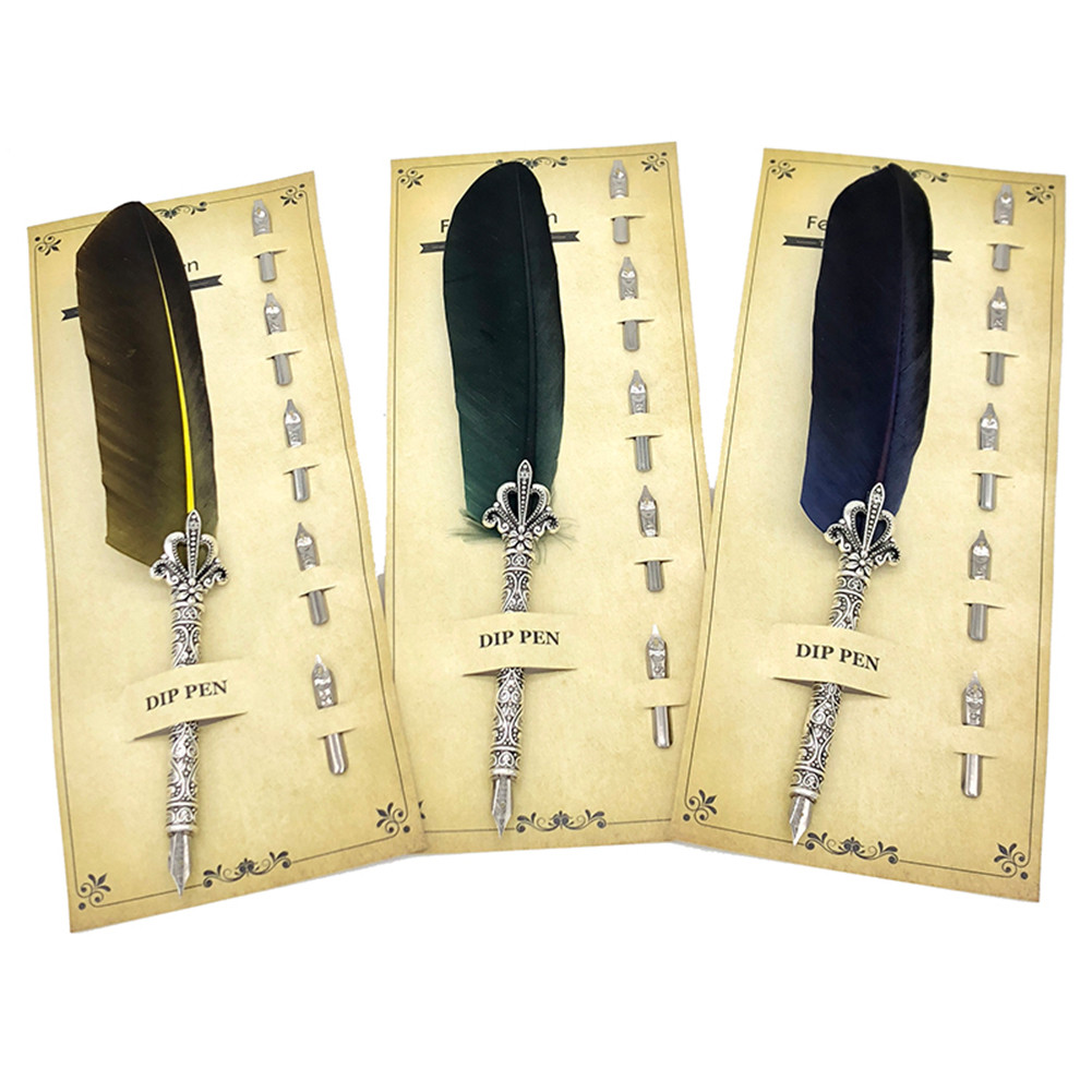 12 Styles Feather Dip Pen Retro Calligraphy Fountain Pen Set Writing ...