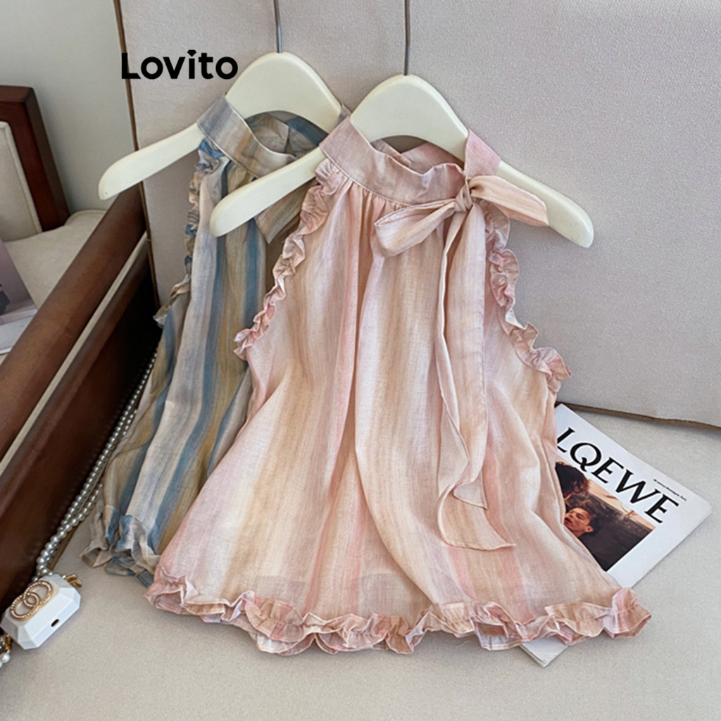 Lovito Women Casual Striped Lace Up Lettuce Trim Tank Top LNE68252