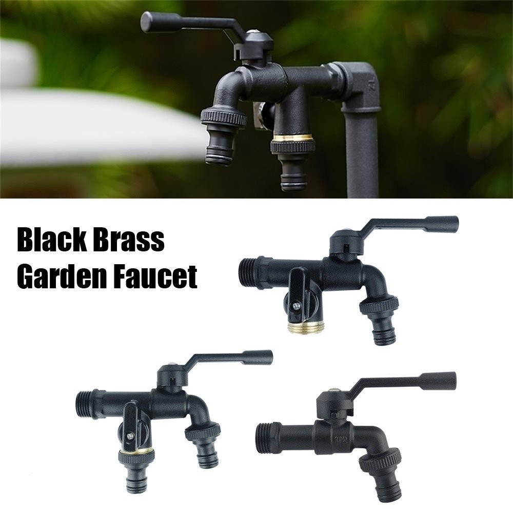 Black Brass Garden Hose Faucet Outdoor AntiFreeze Bibcocks Dual Outlet