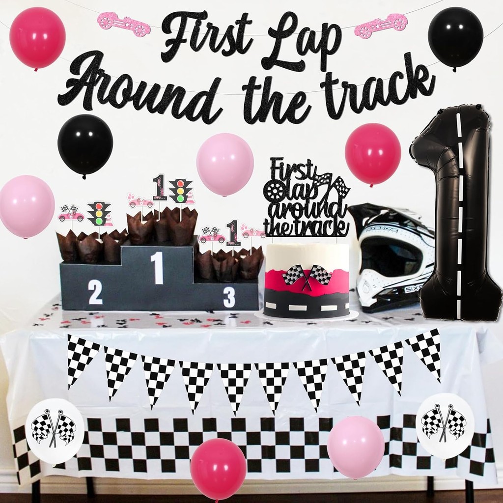 JOYMEMO Pink Race Car 1st Birthday Party Decorations Girl - First Lap ...