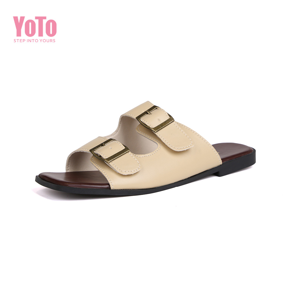 YOTO Summer Flat Slippers For Women Casual Leather Double Strap Design  Indoor Outdoor Sandals