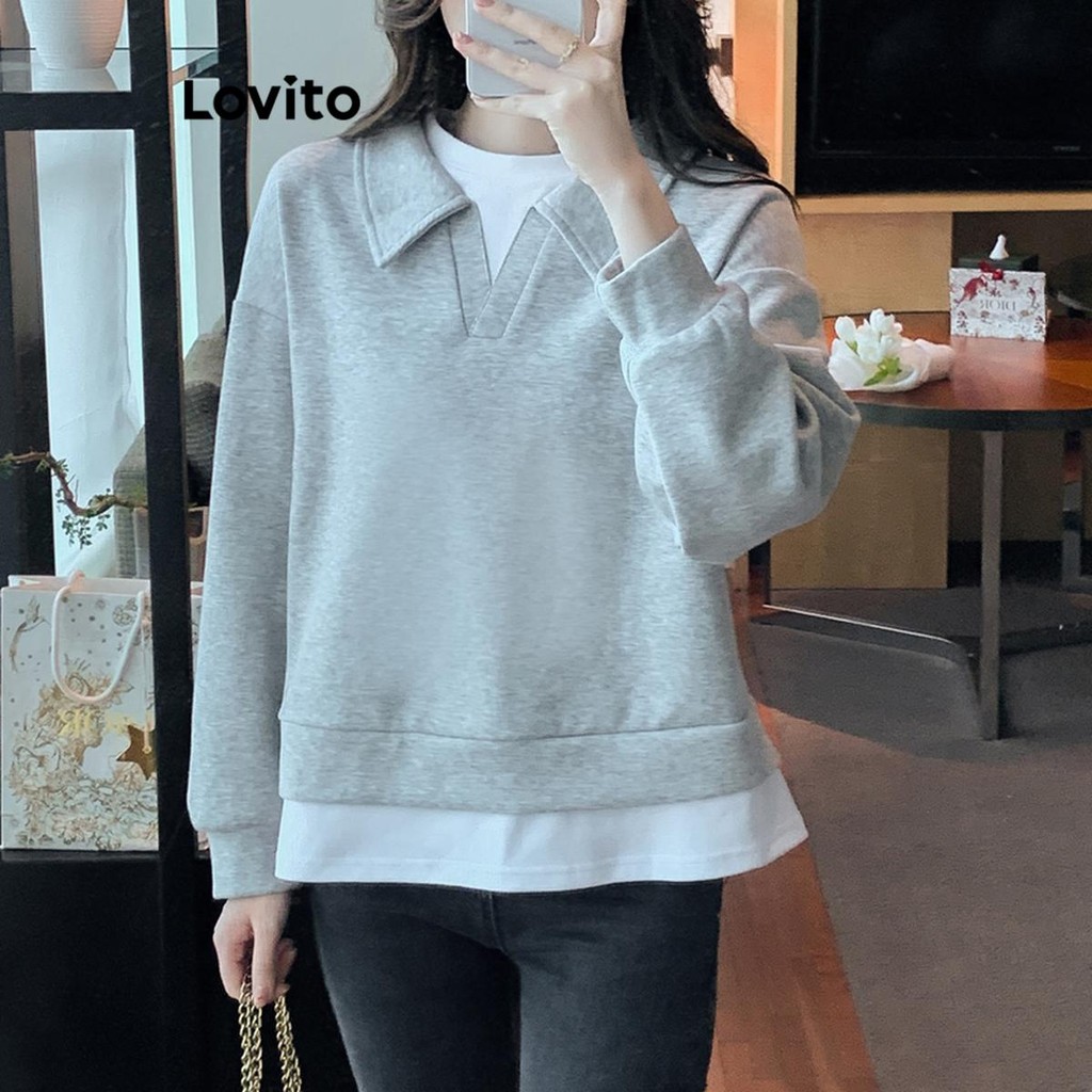 Lovito Women Preppy Plain Fake 2 In 1 Sweatshirt LNA72099 | Shopee ...
