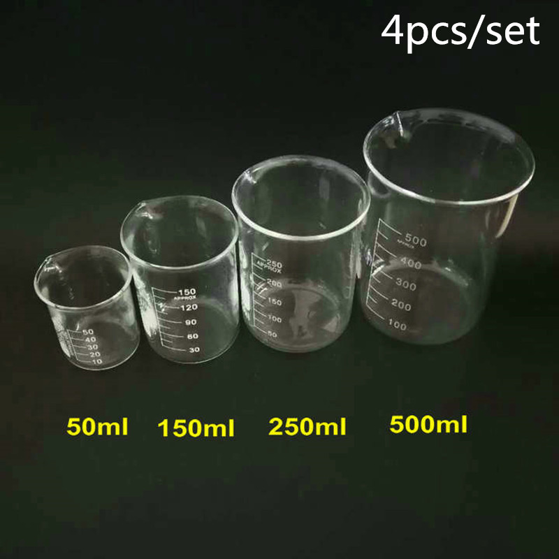 4pcs/set 50/150/250/500ml Glass Beaker For Laboratory Tests, Measuring