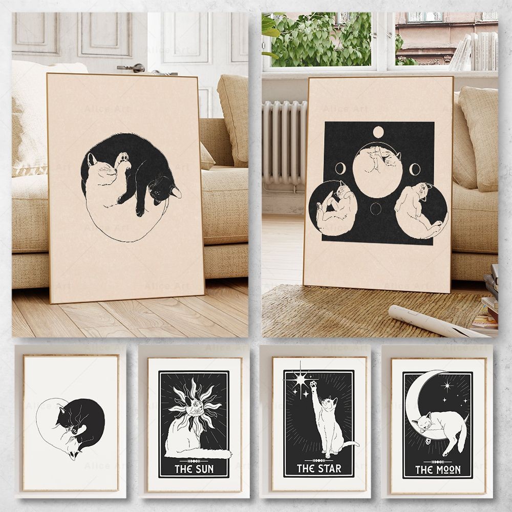 70s-inspired-vintage-cat-poster-moon-phases-yin-and-yang-cats-astrology