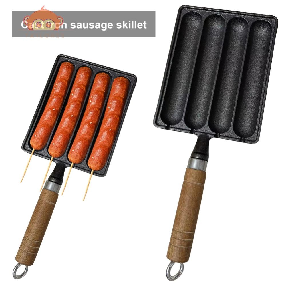 Cast Iron Pot for Grilled Sausage with Wooden Handle Hot Dog Mold Pan