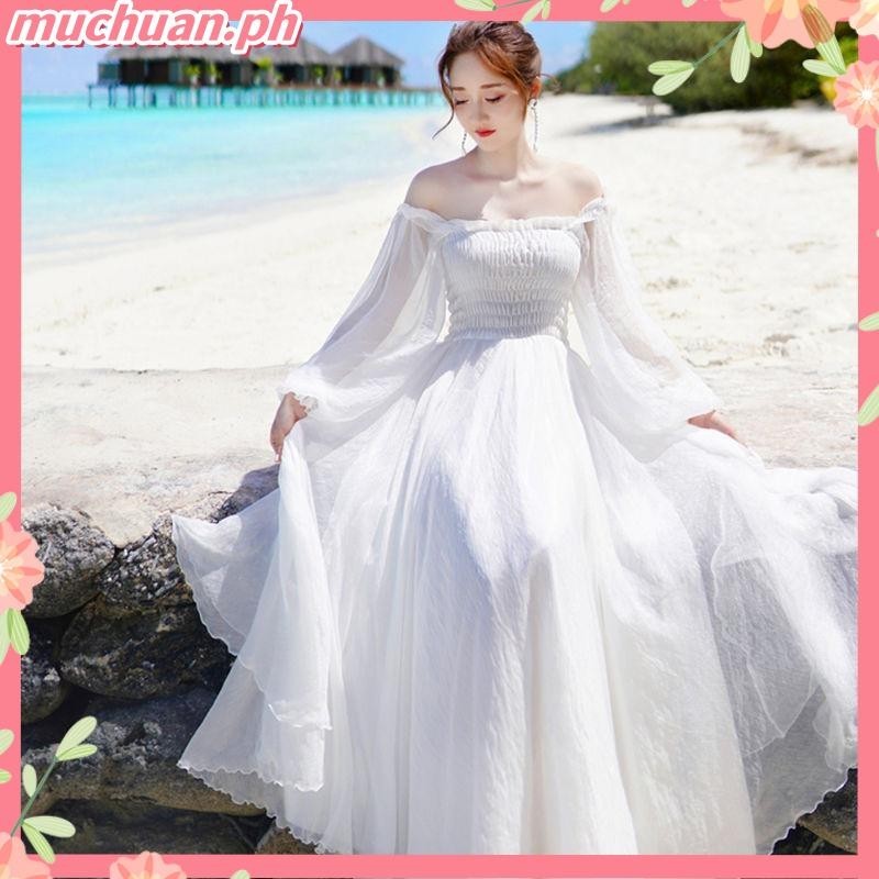 Korean White Chiffon Beach Flowy Elegant Long Maxi Prenup Civil Wedding  Debut Maternity Shoot Fairy Dress 003