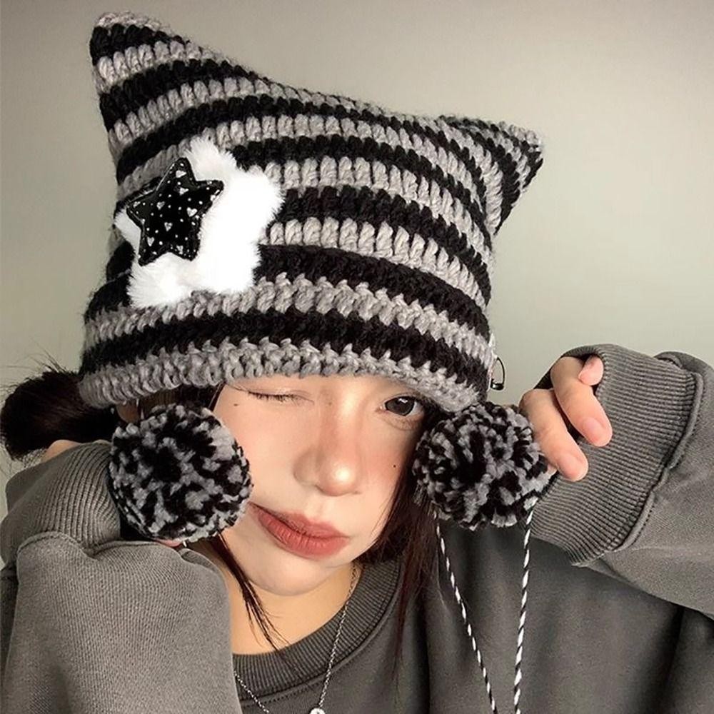 YRBWDYZDH Star Devil Hat, Striped Y2K Cute Y2K Beanie Hat, Women's