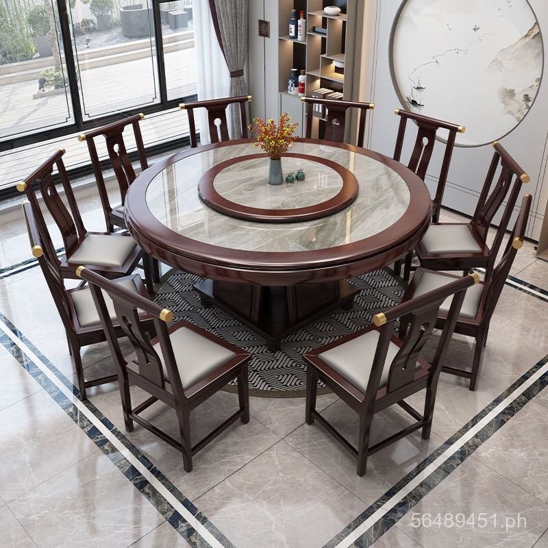 New Chinese Style Solid Wood Rock Slab Dining Table Home Glossy Round ...