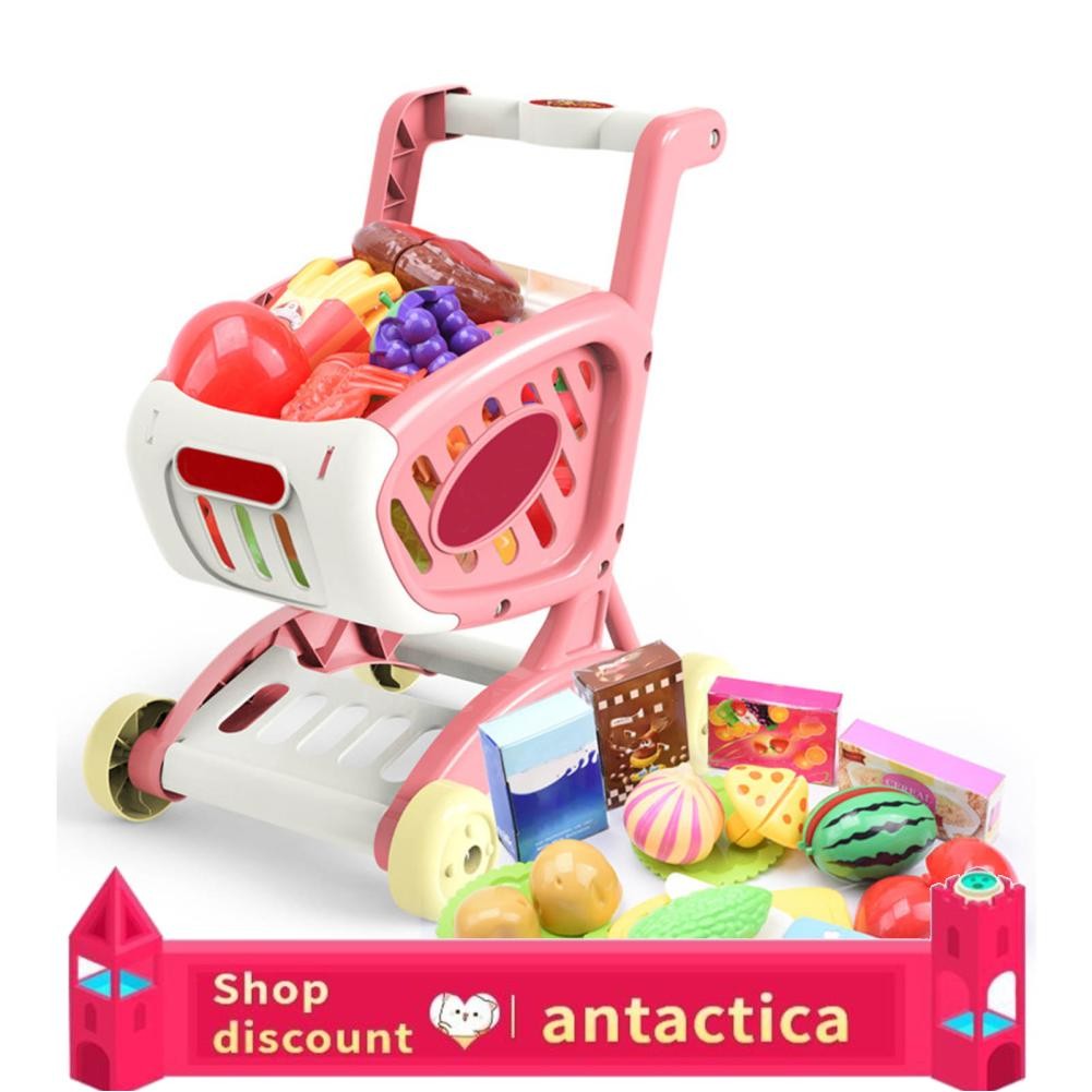 Kids Shopping Cart Play Set – Orange Kitchen & Grocery Toy Set