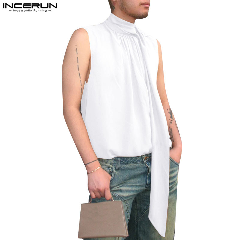 INCERUN Men Vintage Elegant Stand Collar Sleeveless Ribbon Loose Tanks ...