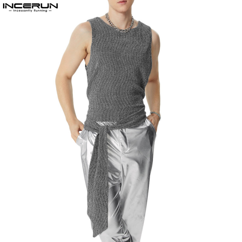 INCERUN Men Vintage Casual Glitter Strappy Design Ruffles Sleeveless ...