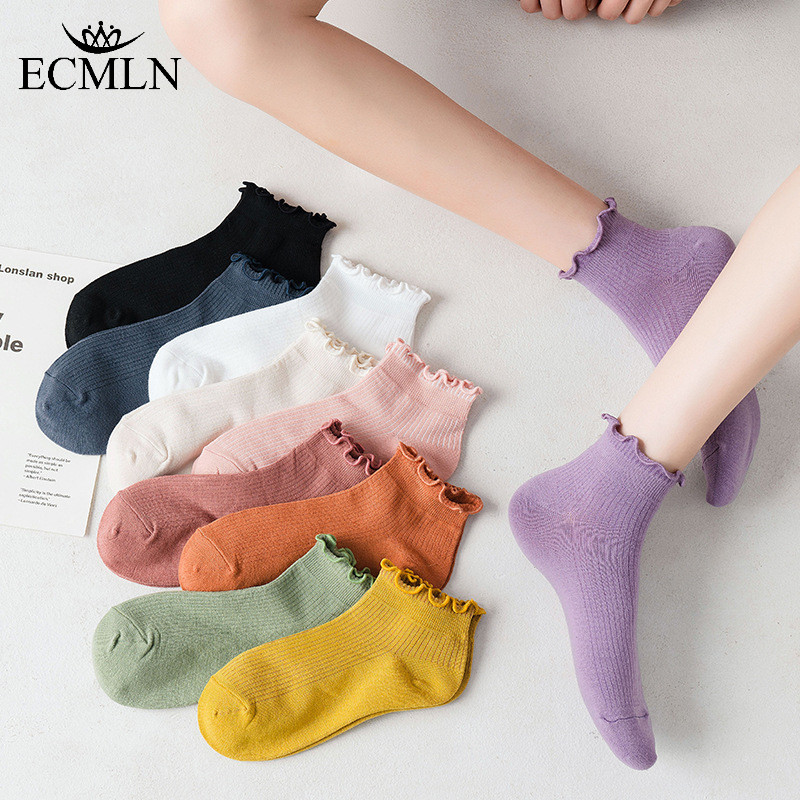 ECMLN Candy Color Cotton Socks for Women Japanese Style lace Cute Mid ...