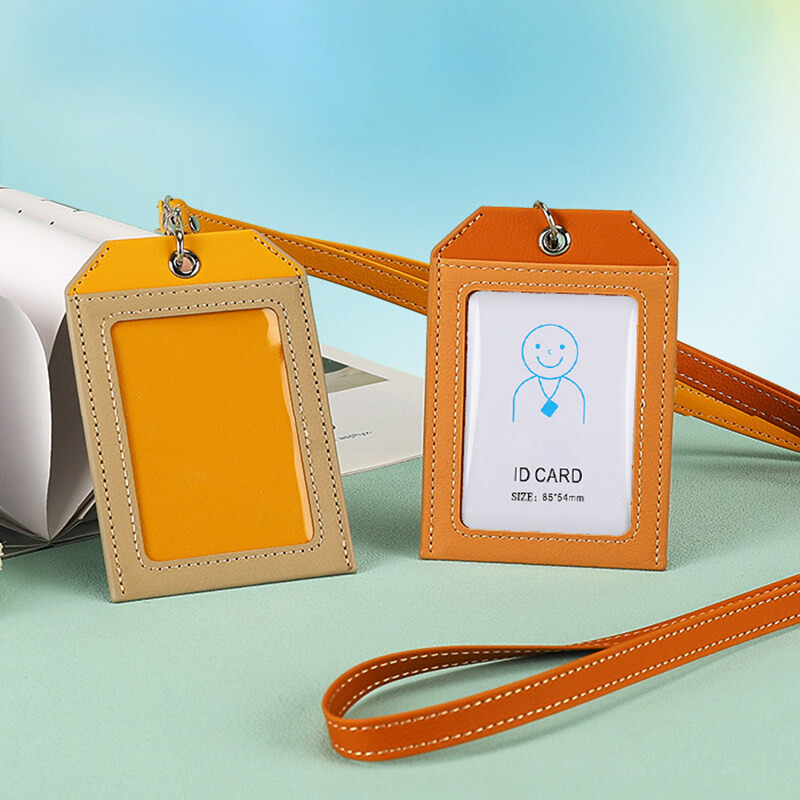 2 Card Slot Employee Work ID Card Set Hanging Rope PU Leather Bus Meal ...