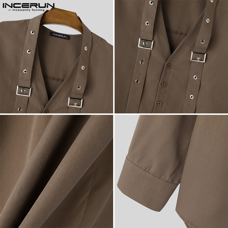 INCERUN Men Korean Casual Ribbon Design Long Sleeve Solid Color Shirts ...