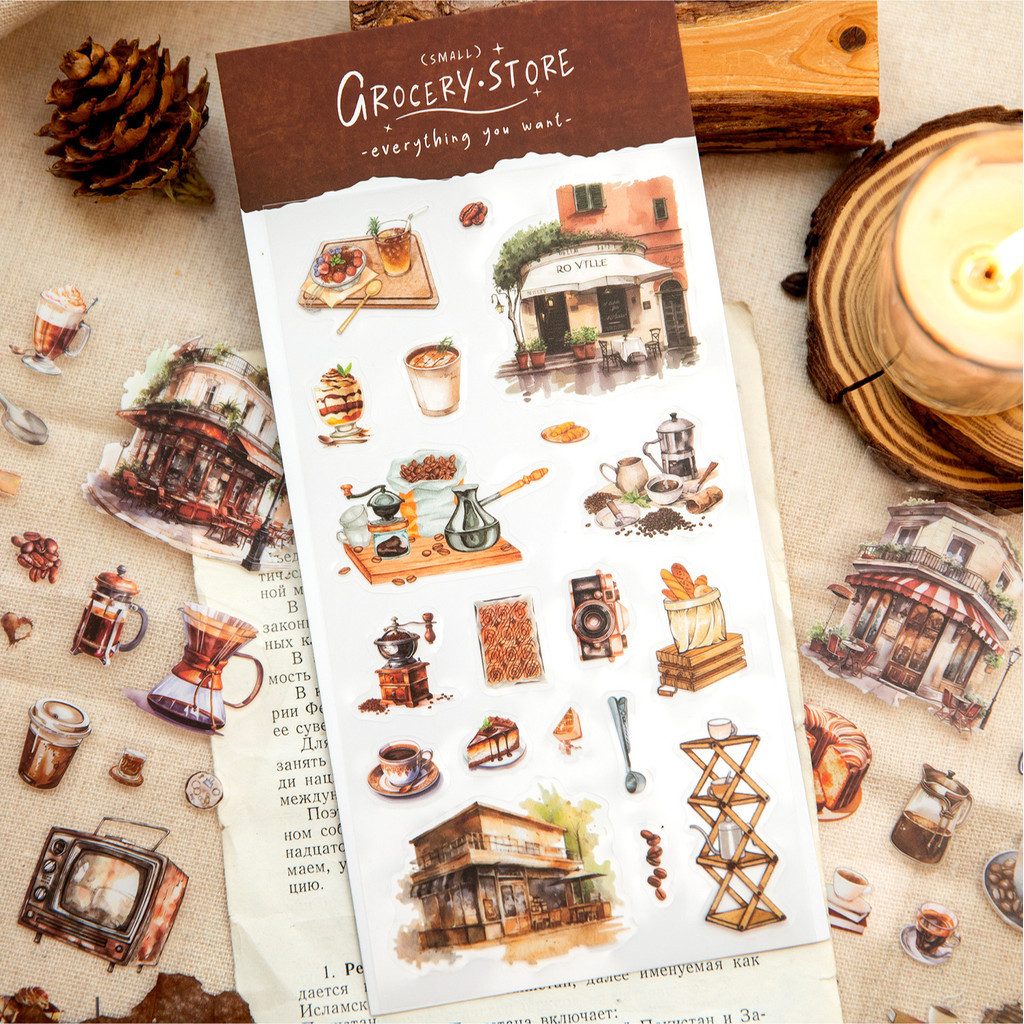 6 Sheets/pack Vintage Coffee Theme Scrapbooking Stickers Retro Coffee ...