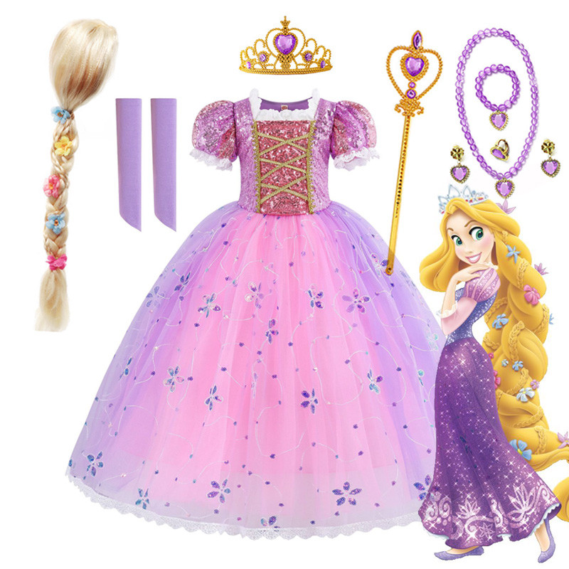 Rapunzel Princess Dress Girls Purple Puff Sleeve Sequin Halloween Cosplay Princess Long Hair ...