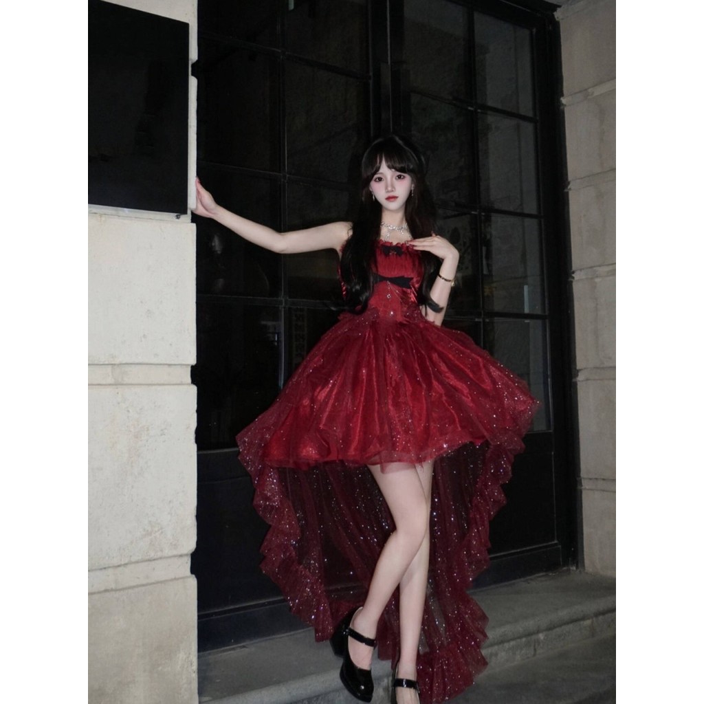 Women French Style Tube Top Pettiskirt Black Flower Bandage Dress