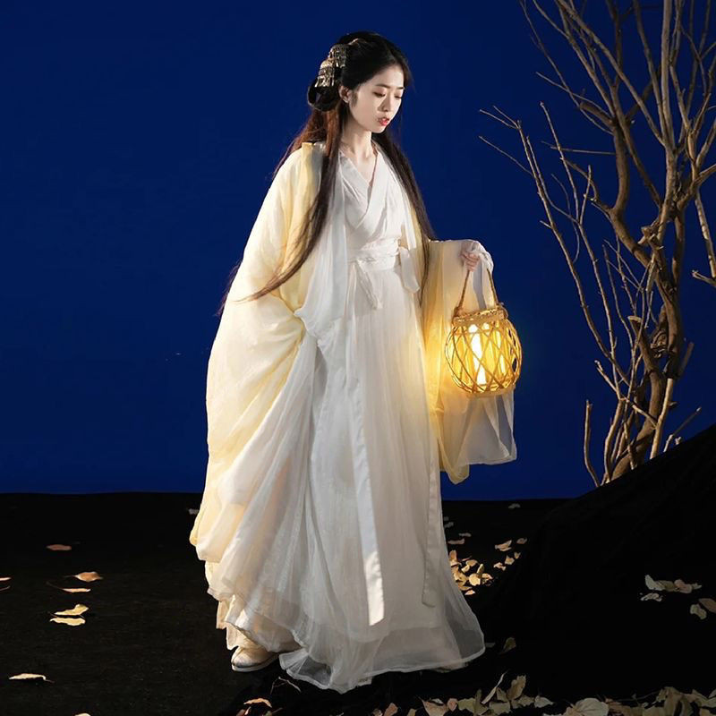 Women's Chinese Wei Jin Dynasty Style Dress - Fairy Sleeves, Cross Collar, Waist Cinching, Elegant Daily Wear