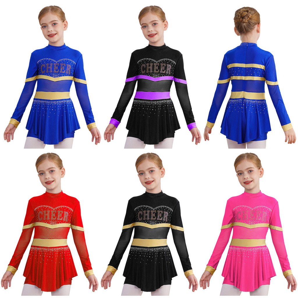 mwdz - #6-16 Girls One-piece Cheer Leader Costume Long Sleeve Mesh ...