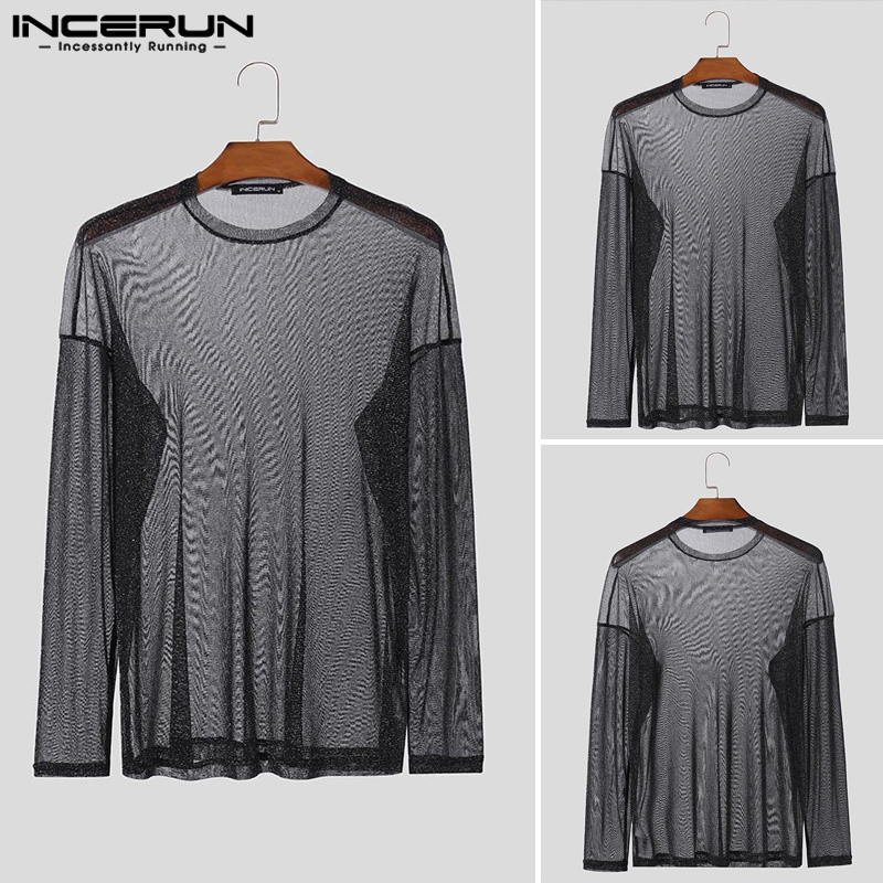 INCERUN Men Vintage Fashion Round Neck Long Sleeve See Through Glitter