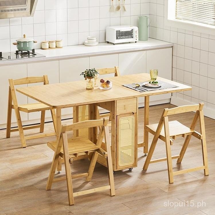 Solid Wood Folding Dining Table for Home Small Apartment Rattan Woven ...