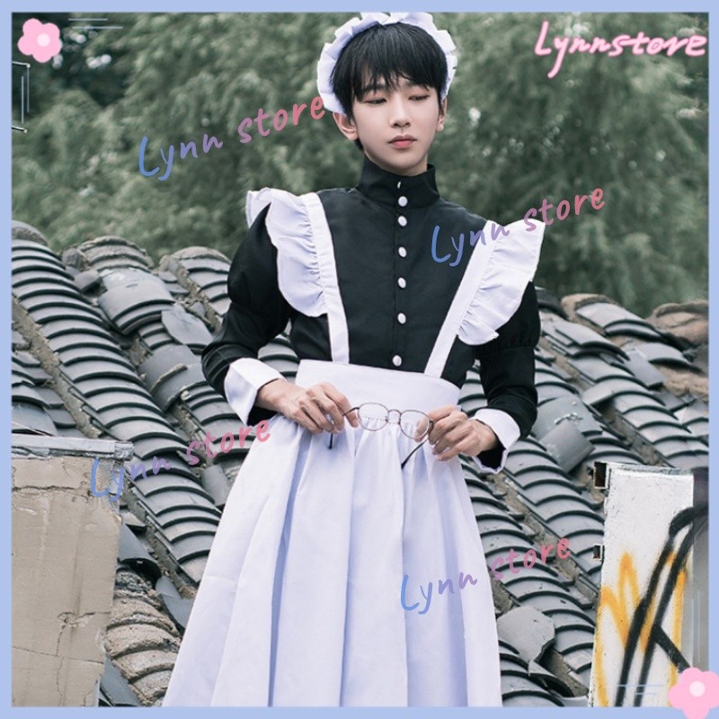 Men Lolita Maid Uniform Long Dress Male Maid Outfit Carnival Halloween ...