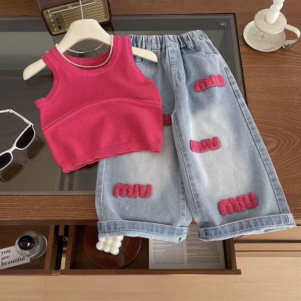 2024 Korean Baby Girl Knitted Sleeveless Tshirt Camisole Jeans Wide Leg