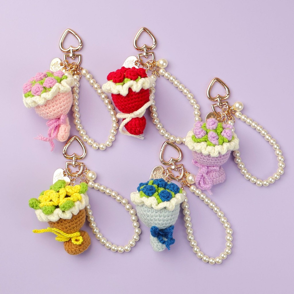 Finished Handmade Crochet Hand Bouquet Keychain Wool Rose Sunflower ...