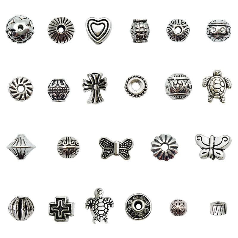 Mixed 23 Ancient Silver Spacer Beads Retro Alloy Small Hole Beads Round