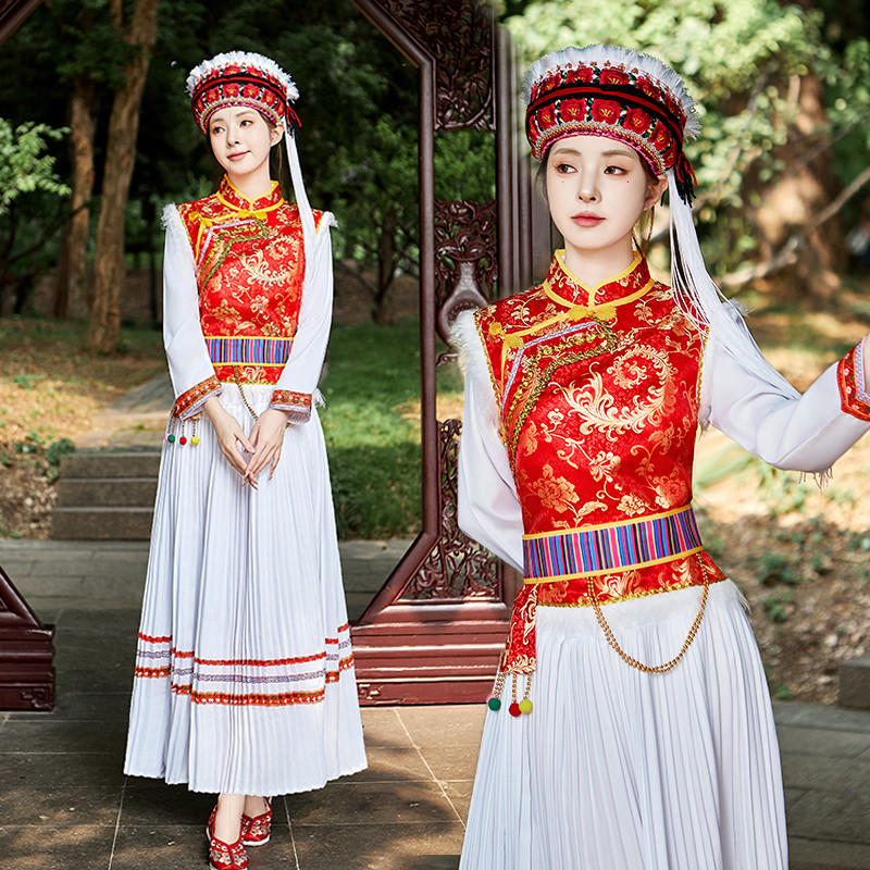White Performance Costume Female Golden Flower Costume Ethnic ...